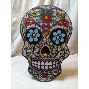 12" Sugar Skull Day Of The Dead Altars Colorful Art Glass Mosaic Stand Up Gothic